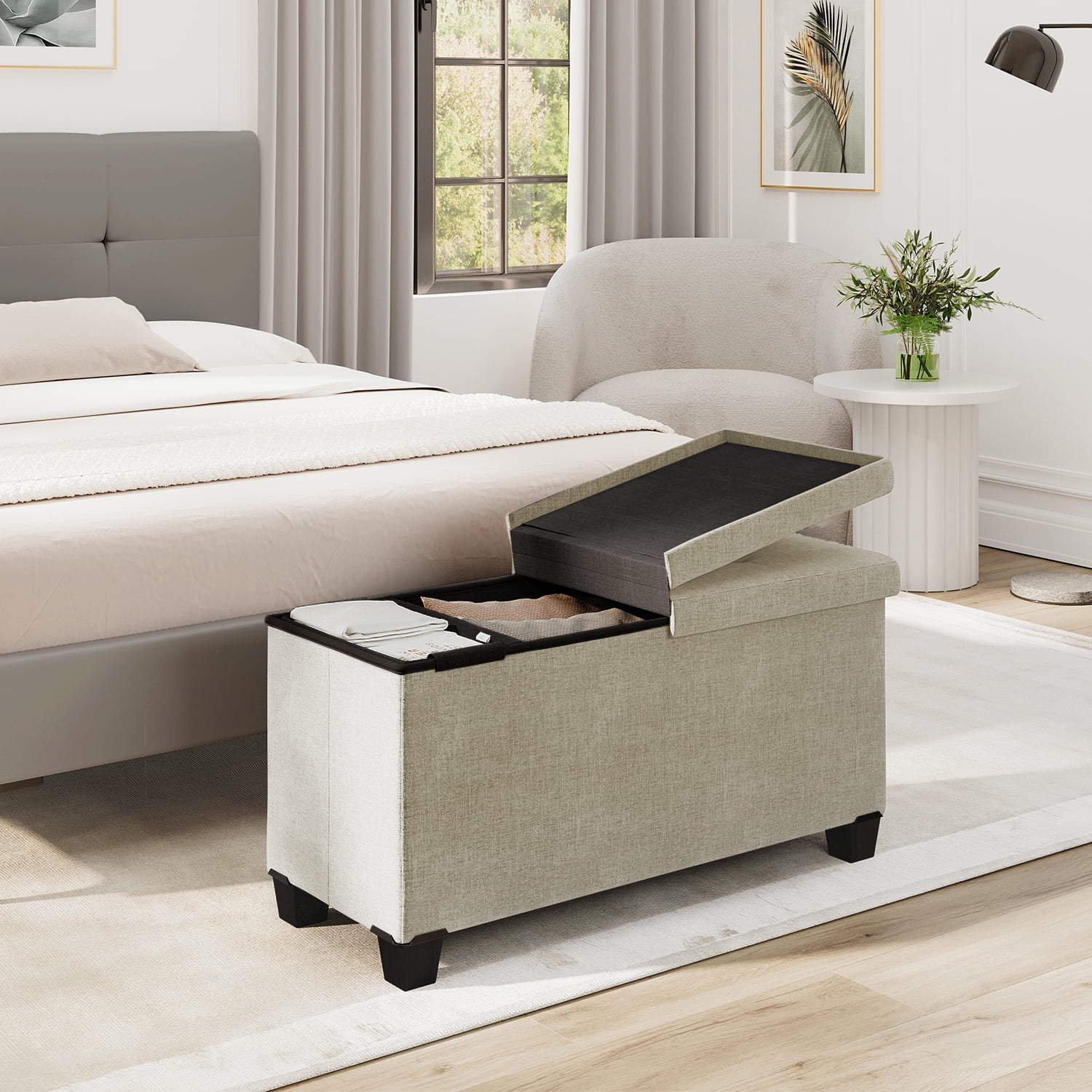 Storagebud Ottoman Storage Bench, Linen 30" Storage Ottoman Bench, White