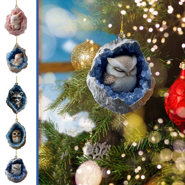 Adorno Navideño Pequeño de Búho y Mapache para Árbol de Navidad, Impresión Plana 2D En Acrílico | Ideal para Coronas, Guirnaldas y Envoltorios de Regalo