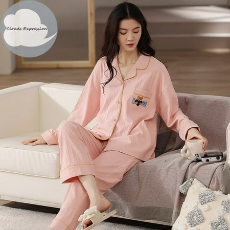 

QWZNDZGR Spring Autumn Brand Knitted Cotton Sleepwear Elegant Women Pajama Sets Sleep&Lounge Plaid Pajamas Women s Fashion Home Clothing