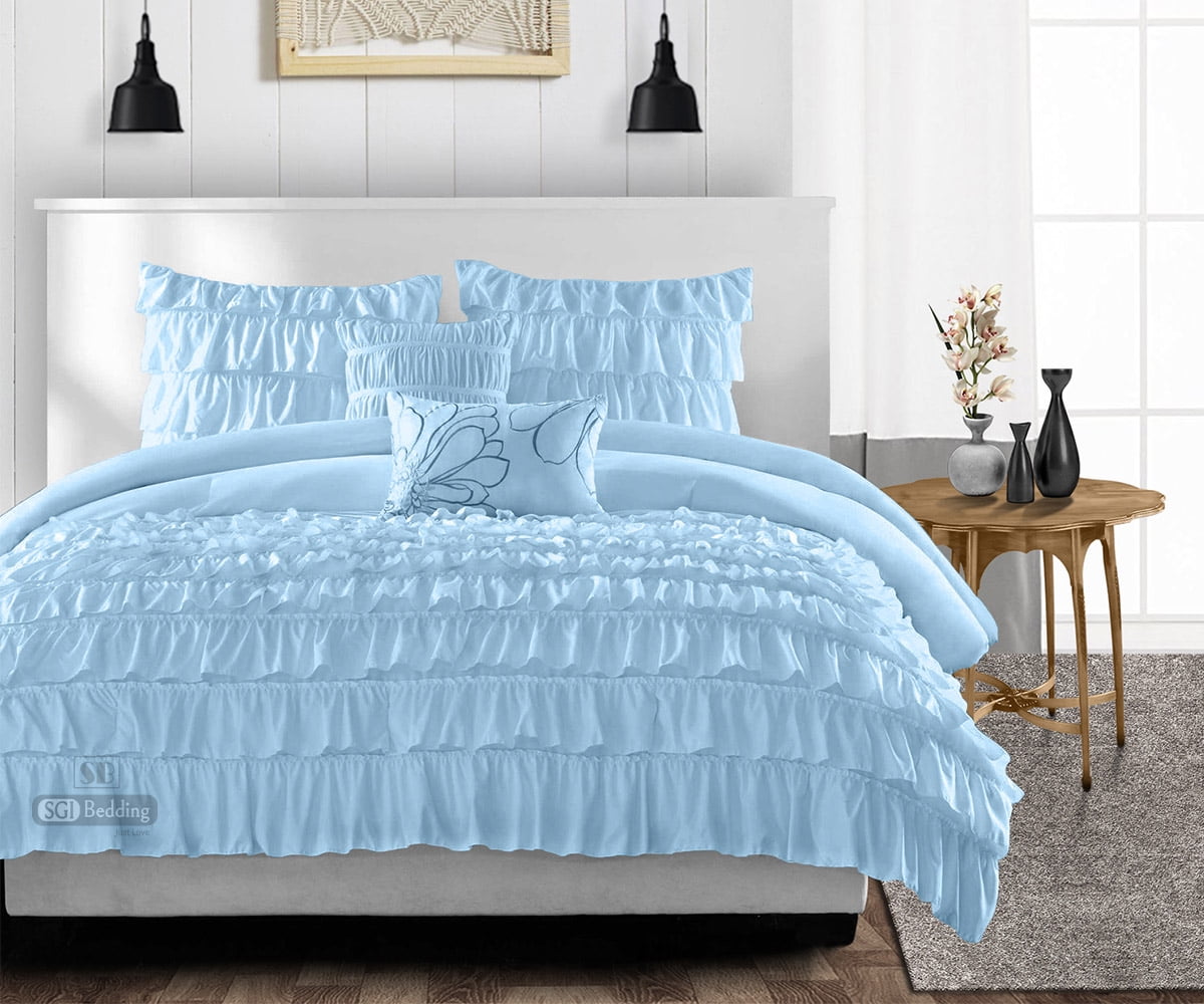 SGI Twin Multi Ruffle Comforter Set Microfiber Light Blue 3 Piece