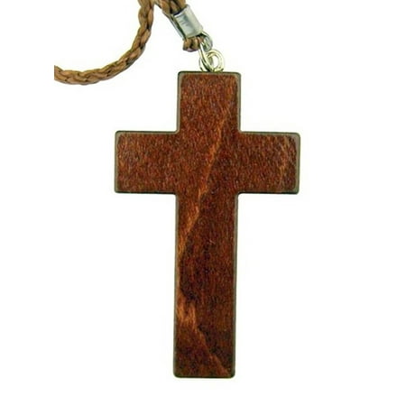 Mahogany Cross - Simple Mahogany Wood Latin Cross Necklace on Cord Chain, 3 1/4 Inch