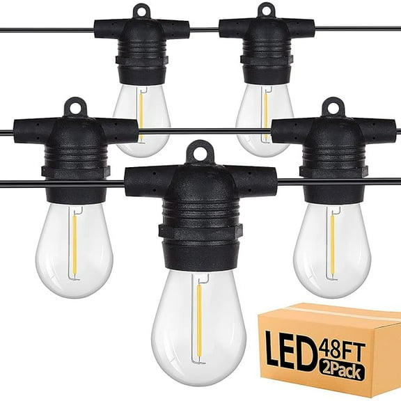 Outdoor Lights 2 Pack 48ft String Lights with Shatterproof 30 LED Bulbs S14 Patio Lights Waterproof Backyard Decor Hanging Lights for Indoor House Balcony Party
