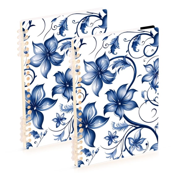 Blue Flowers Leaves Digital Pattern Notebook Detachable Coil Notebook Diary Plan Book A5 Size 60 Pages 1 Pack
