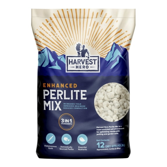 Harvest Hero Enhanced Perlite Mix – 3in1 Potting Soil Blend – Hemp and General Plants – Contains Perlite, Diatomaceous Earth & Essential Nutrients – 12 Quarts