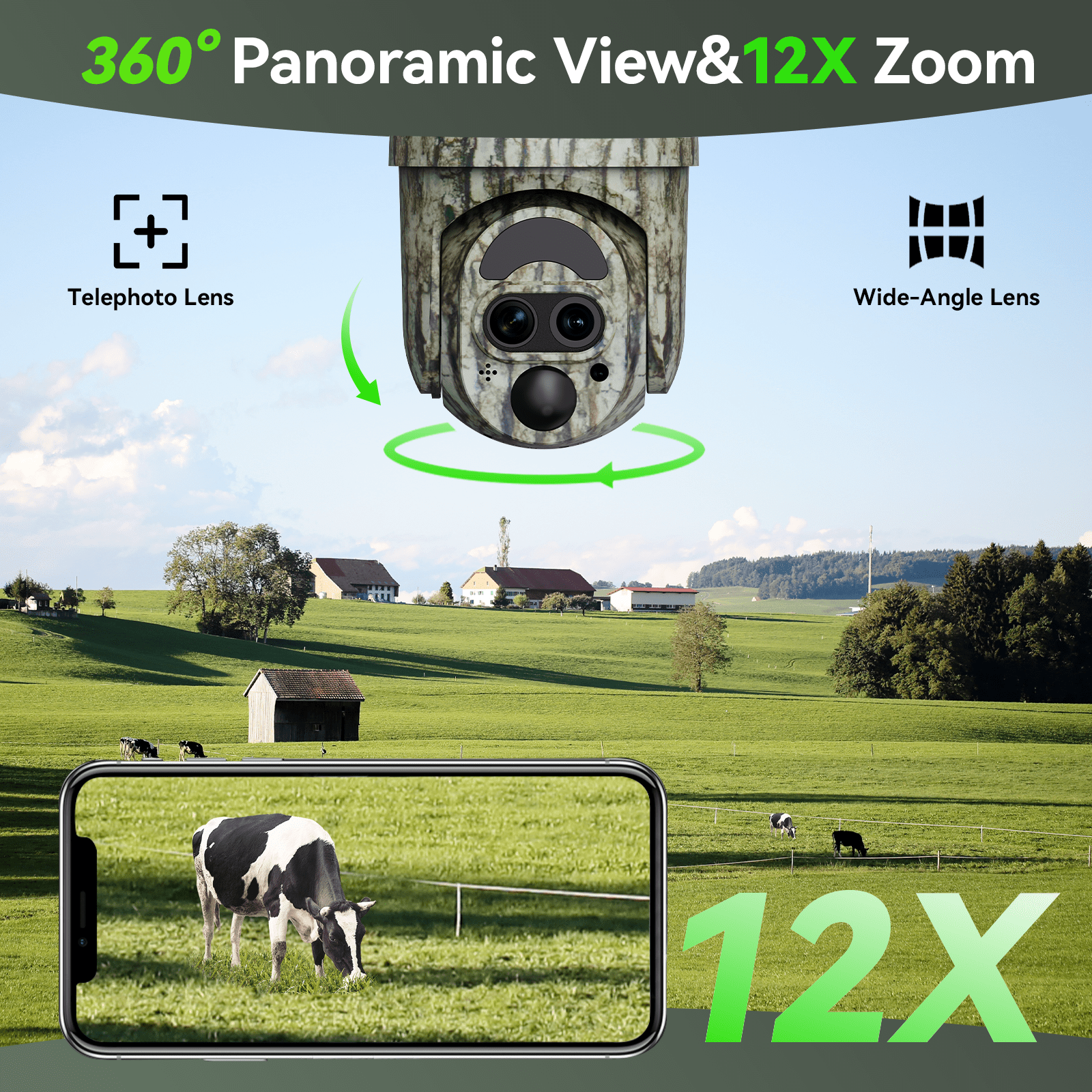 Conico 4G LTE Solar Cellular Trail Camera with Dual-Lens, 12× Hybrid Zoom PTZ, 2K Ultra HD Night Vision, PIR Motion, Wildlife Hunting Game Deer Camera, Outdoor Farm Security
