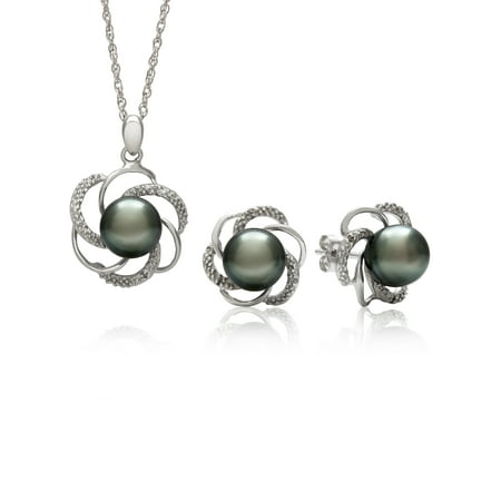 - 8-9mm 3/4-Cut Tahitian Black Pearl and Diamond Accent Sterling Silver Pendant and Earring Set, 18