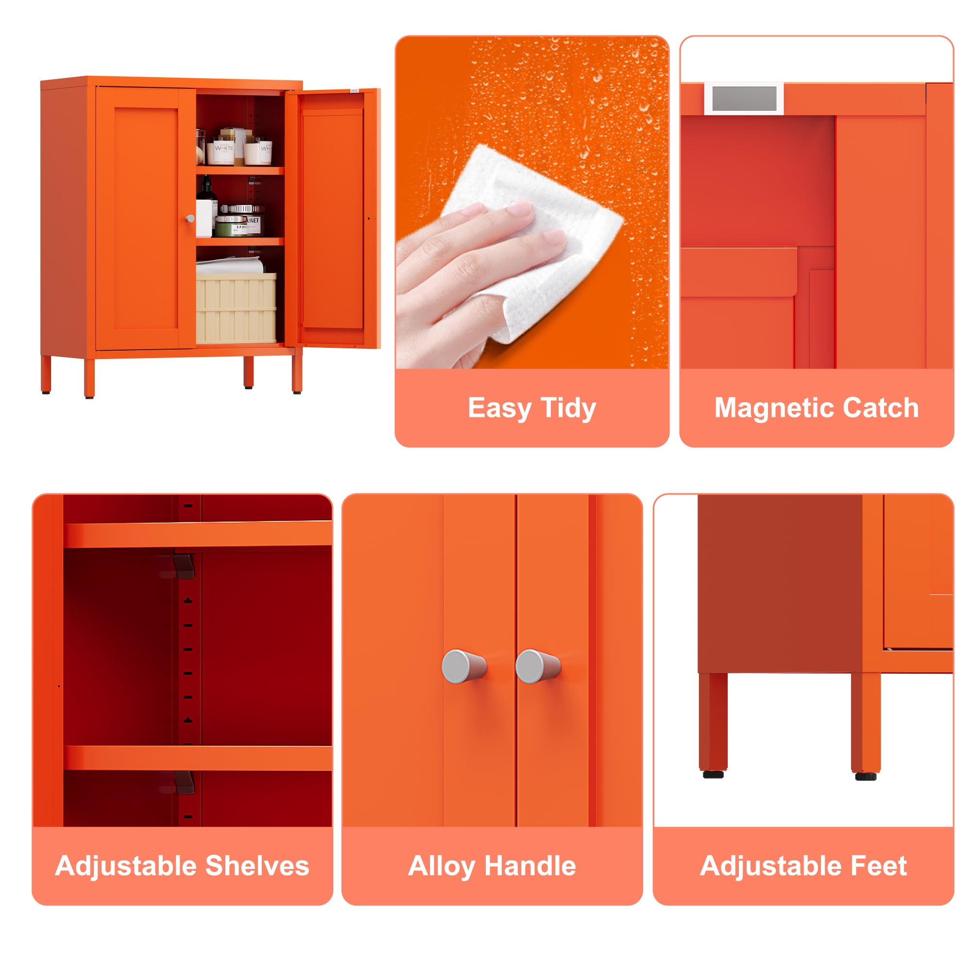 Elegant Bathroom Floor Storage Cabinet,Sideboard Cabinet with Adjustable Shelves,Freestanding Organizer Rust-Proof Locker,Living Room,Hallway,Orange