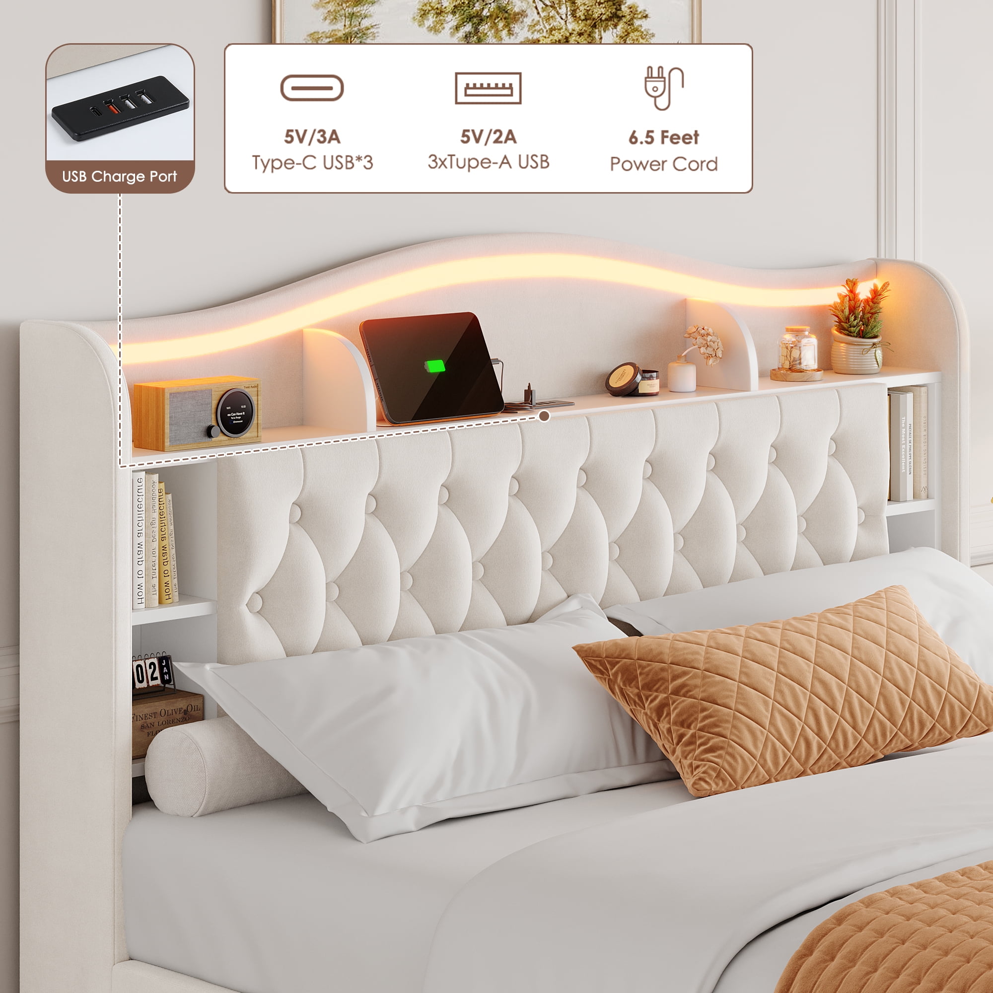 Homfa Queen Size Lift Up Storage Bed, Modern LED Headboard with USB Charging Port, Hydraulic Support,Beige