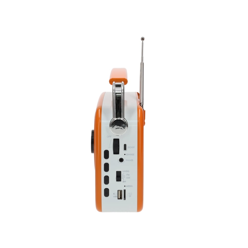 RadioShack Portable Retro AM/FM/SW Radio with Bluetooth, Rechargeable Battery, High-Power Speaker, USB and microSD Playback, 3.5mm Input, Orange, Model 4001802