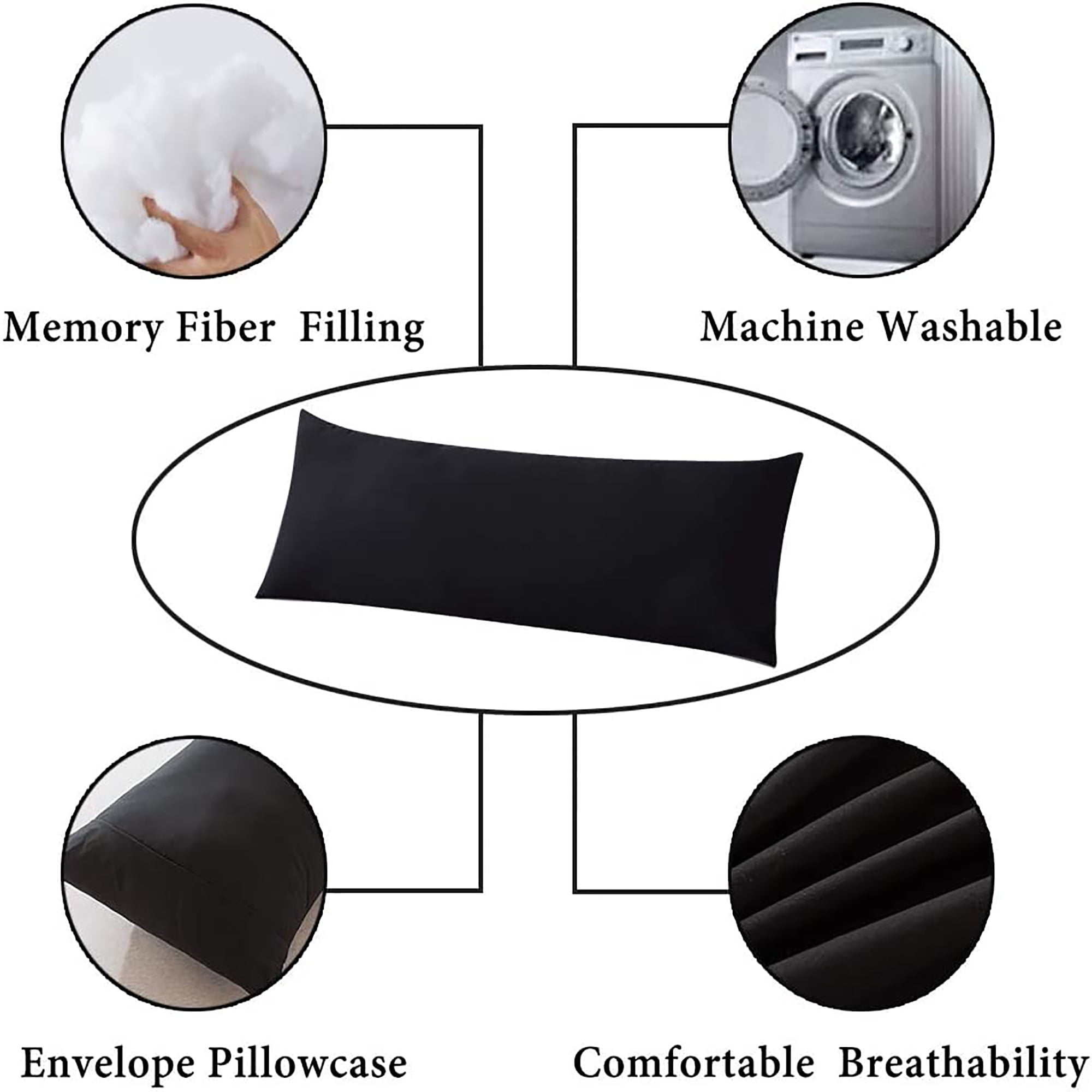 Yalamila Premium Ultra Soft Body Pillow with Removable Pillowcase for Adults, Comfortable Long Bed Pillow, 20x54in, Black