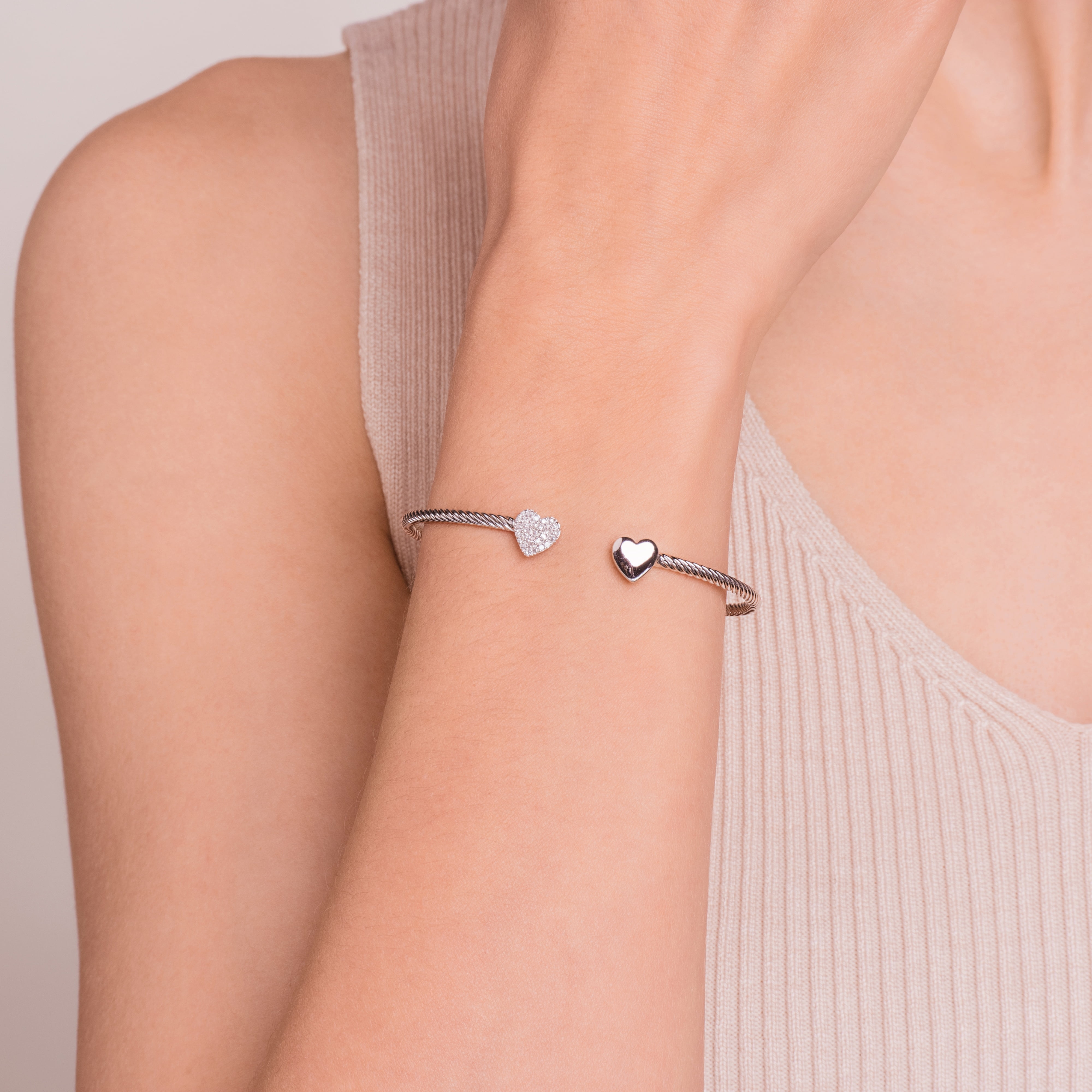 Forever Facets 1/10 cttw Diamond Twin Heart Open Cuff Twisted Bangle in Sterling Silver, Adult Female