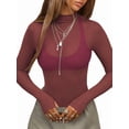 thumbnail image 3 of Mesh Long Sleeve Top for Women, Lace Sheer Tops See Through Mock Neck Floral Embroidery Sheer Blouce Shirt Wine Red L, 3 of 8