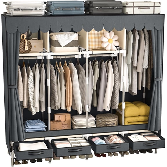 Portable Wardrobe with 4 Drawers and 3 Shelves, 67 Inch Large Capacity Freestanding Wardrobe Hanging Organizer with Lid for Bedroom, Grey