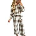 thumbnail image 4 of Two Piece Plaid Set for Women Long Sleeve Crew Neck Tops Wide Leg Pants Fall Winter Thicken Warm Soft Lounge Home Wear (L, Khaki), 4 of 7