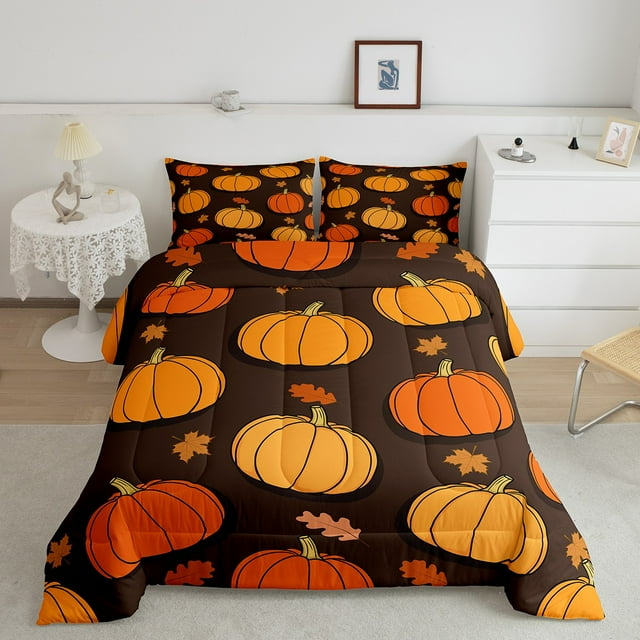 Erosebridal Ensemble de Couette Simple à Citrouilles Dessin Animé, Insert de Couette Récolte d'Automne, Couettes et Housses de Couette Réversibles à Motif de Feuilles et de Plantes, Décoration de Chambre Ultra Douce, 2 Pcs