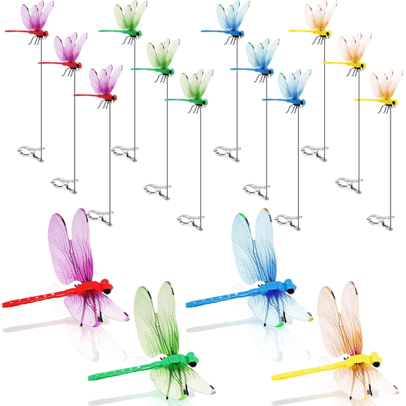 12 dragonfly clips, dragonfly shaped clips, outdoor fake dragonfly hat pole clips, 3D simulated garden decorative stakes, indoor terrace fly and insect proof.