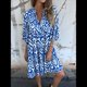 thumbnail image 5 of Vestido Bohemio Midi de Verano para Mujer, Cuello en V, Estampado Floral, 3/4, Informal, Holgado, Plisado, para Playa Azul XXL, 5 of 8