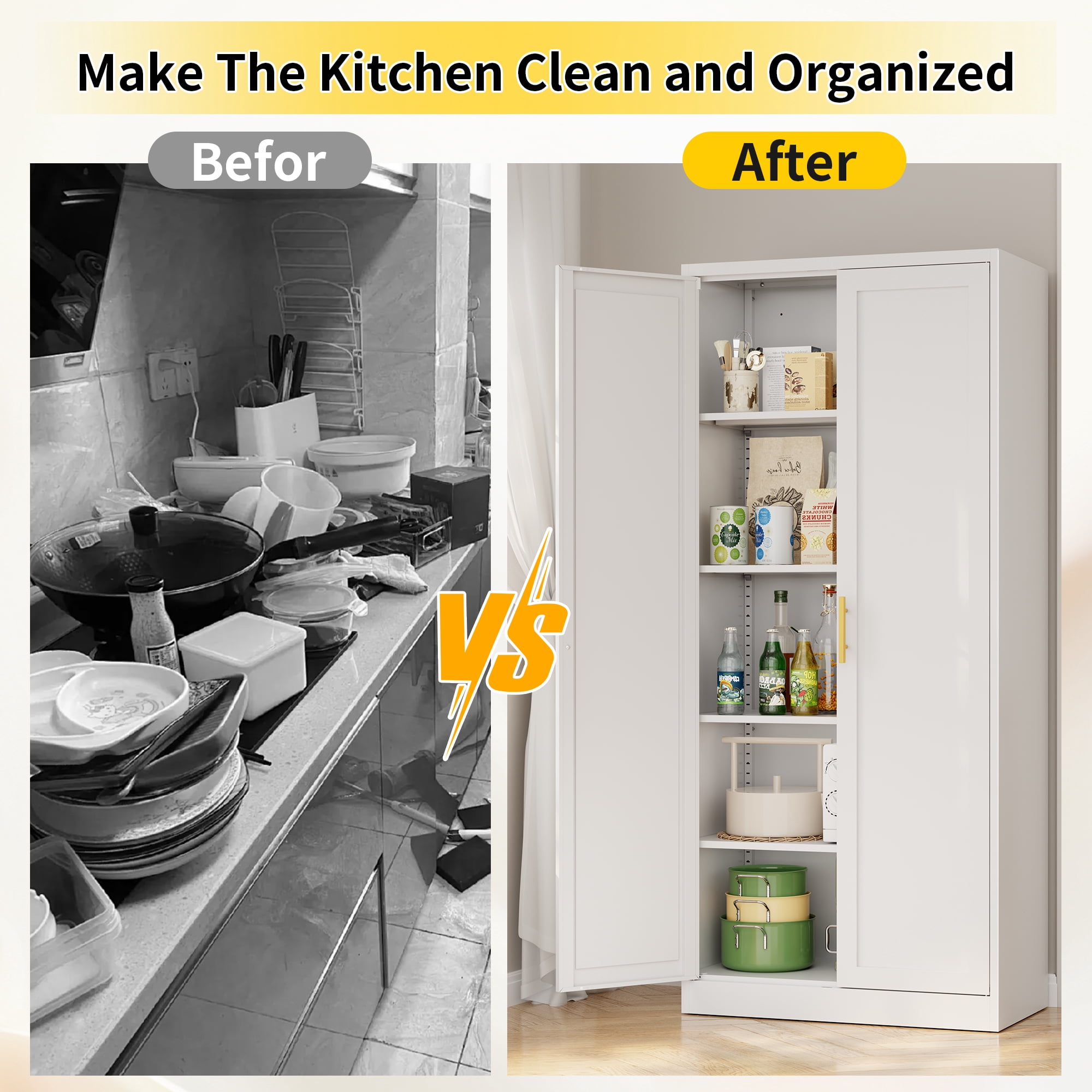 Metal Kitchen Pantry Cabinet, 71"H x 28"W x 14"D Pantry Cabinets with 2 Doors and 4 Adjustable Shelves for Kitchen Storage, Metal  Cabinet for Kitchen, Dining Room, Living Room -White