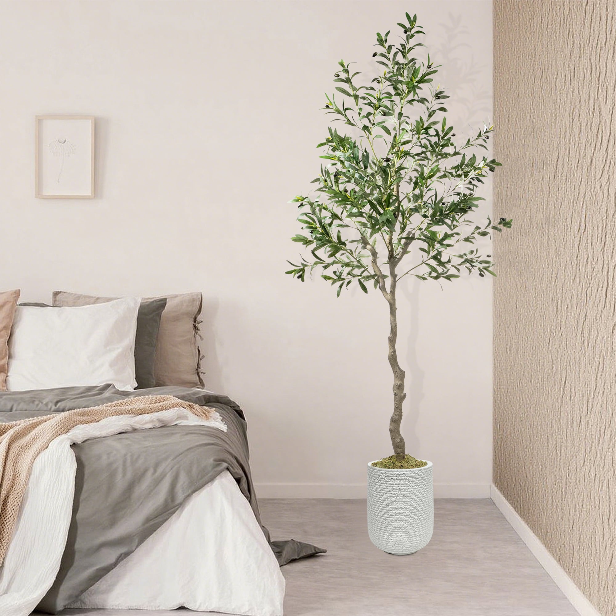 OLIVIVI Artificial Olive Tree 7FT Tall Faux Silk Plant for Home Office Decor Indoor Outdoor Fake Lifelike Potted Tree with Wood Branches and 1 pack