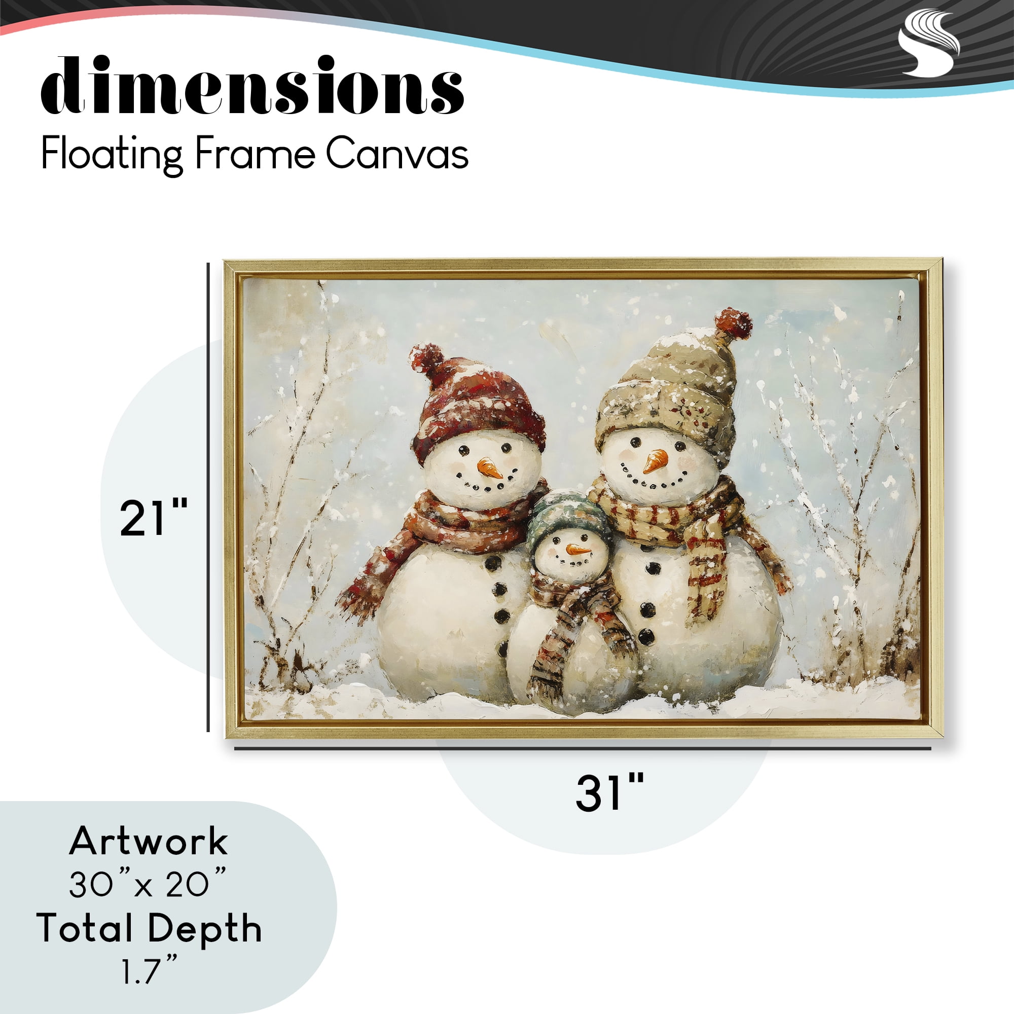 Snowman Family Of Three Gold Framed Floater Canvas Wall Art, design by Petal Prints Design