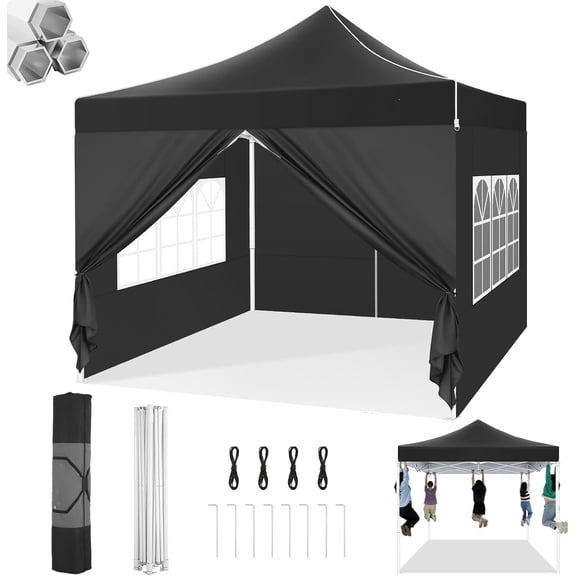 SANOPY Heavy Duty 10'x 10' Pop up Canopy, Instant Commercial Tent for Party with Coffee Upgraded Hexagonal Bracket, Waterproof Outdoor Party Tent 4 Removable Sidewalls, Black