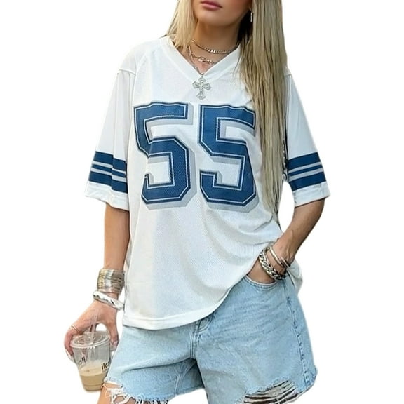 Women's Oversized Summer T-Shirt Y2K Number Print Jersey Shirts Short Sleeve V-Neck Vintage Tee Tops Streetwear