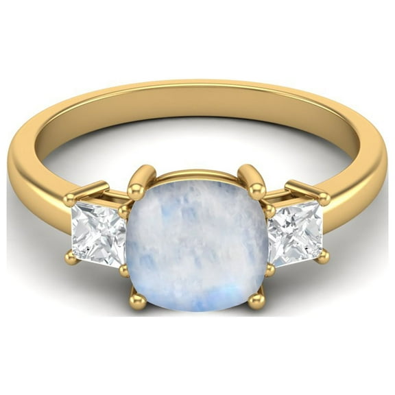 925 Sterling Silver Gold Vermeil 7 MM Cushion Shape Moonstone Three Stone Engagement Women Valentines Day Gifts Ring