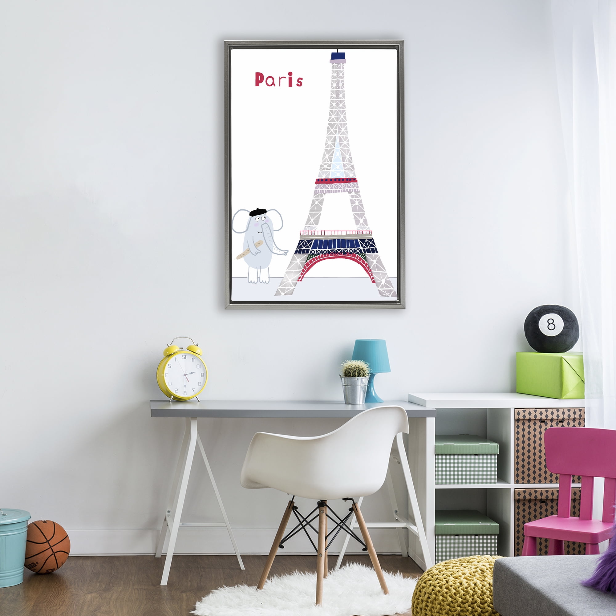 Elephant & Eiffel Tower Gray Framed Floater Canvas Wall Art, design by Carla Daly