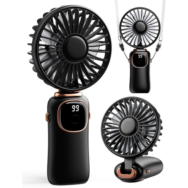 Ventilador de mano portátil, funciona con batería de 4000 mAh con pantalla LED, de mano/cuello/escritorio, ventilador pequeño personal 3 en 1, ventilador de escritorio plegable de 90° con base