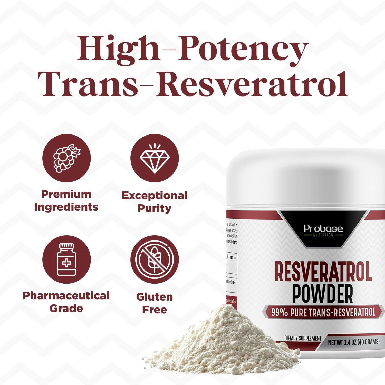 Probase Nutrition Trans Resveratrol Supplement, High Purity Resveratrol Powder for Age Support, 40-Day Supply, 40 Grams