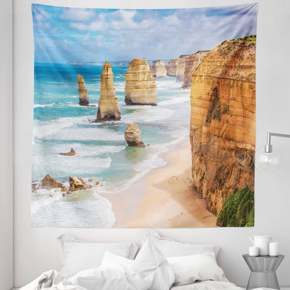 Beach Tapestry, Rock Formations Cliffs on Victoria Australia 12 Apostles Coastal View, Fabric Wall Hanging Decor for Bedroom Living Room Dorm, 5 Sizes, Apricot Seafoam Sky Blue, by Ambesonne