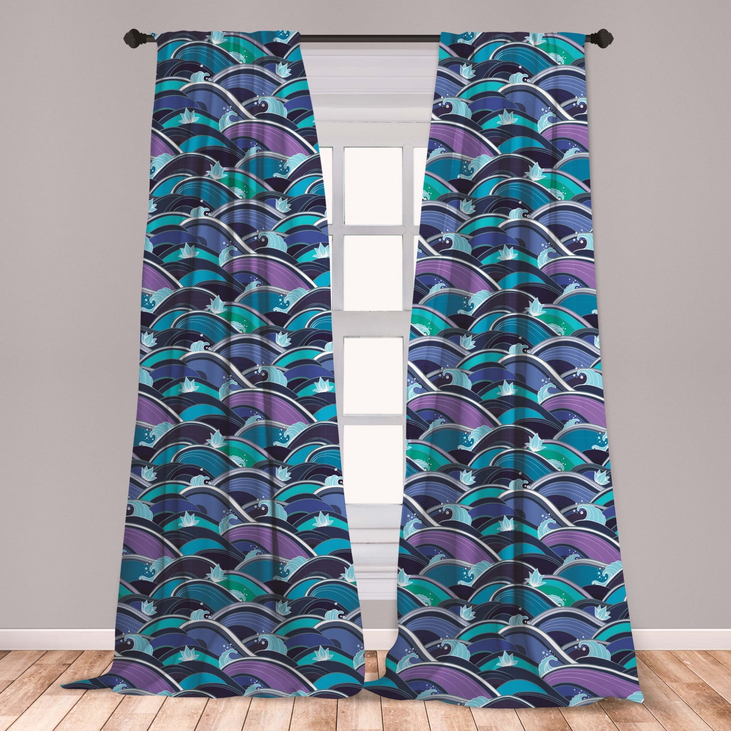 Ocean Curtains 2 Panels Set, Waves of the Sea with Lotus Culture Nautical Illustration, Window