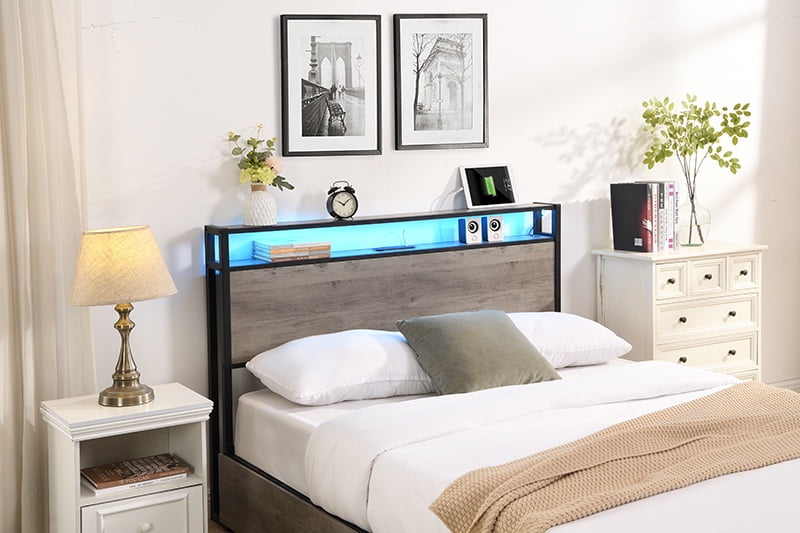Queen Bed Frame with Headboard,4 Storage Drawers,Led Lights,Charging Station,Platform Bed,Solid and Stable, Noise Free, No Box Spring Needed, Easy Assembly