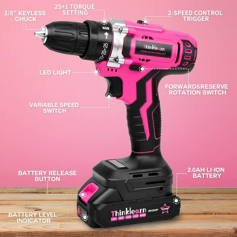 ThinkLearn Pink Cordless Drill Set, 20V Lithium-ion Power Drill
