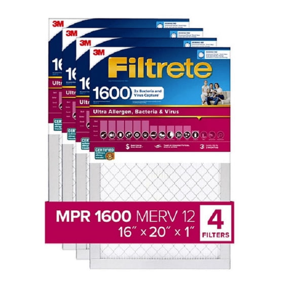 30x20x1 Filtrete Ultra Allergen Bacteria and Virus 1600 MPR, MERV 12 (4 Pack)
