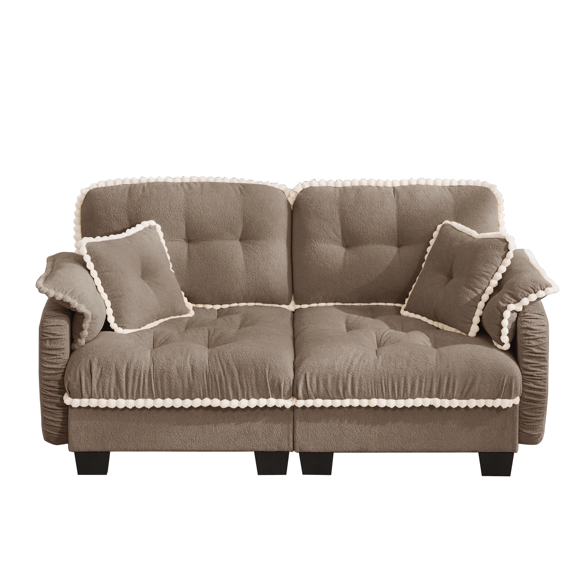 Aenkyo 70" Chenille Modular Loveseat with 23.8" Deep Seat and Pom-Pom Trim, Camel