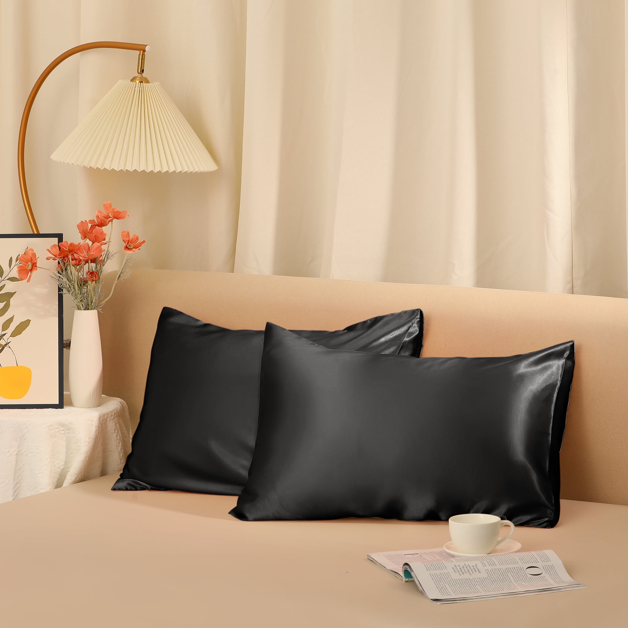 Unique Bargains Envelope Closure Breathable and Soft Satin Pillowcase (2 Count) Black Queen