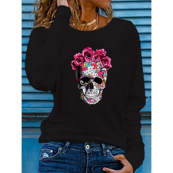 100% pure cotton women's spring and autumn loose casual skull and rose graphic printed long sleeved round neck T-shirt