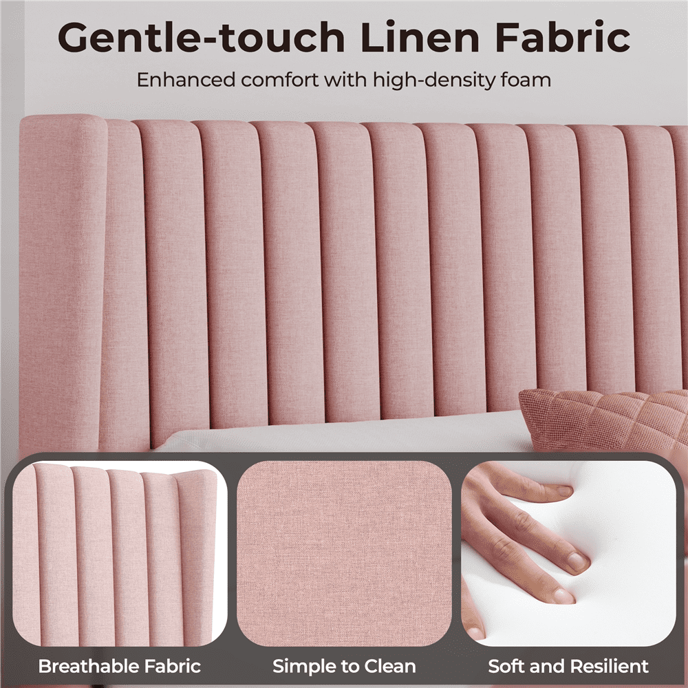 Renwick Upholstered Platform Bed Frame with Channel Tufted Headboard, Queen, Pink