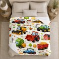 thumbnail image 5 of Smiling Tractors with Barns and Hay Bales, Playful Cartoon Style for Tractor Lovers, Cozy Farm Vehicle Scene, Flannel Blanket for Kids Room and Playroom, Birthday Gift and Farm Home Decor, 5 of 9