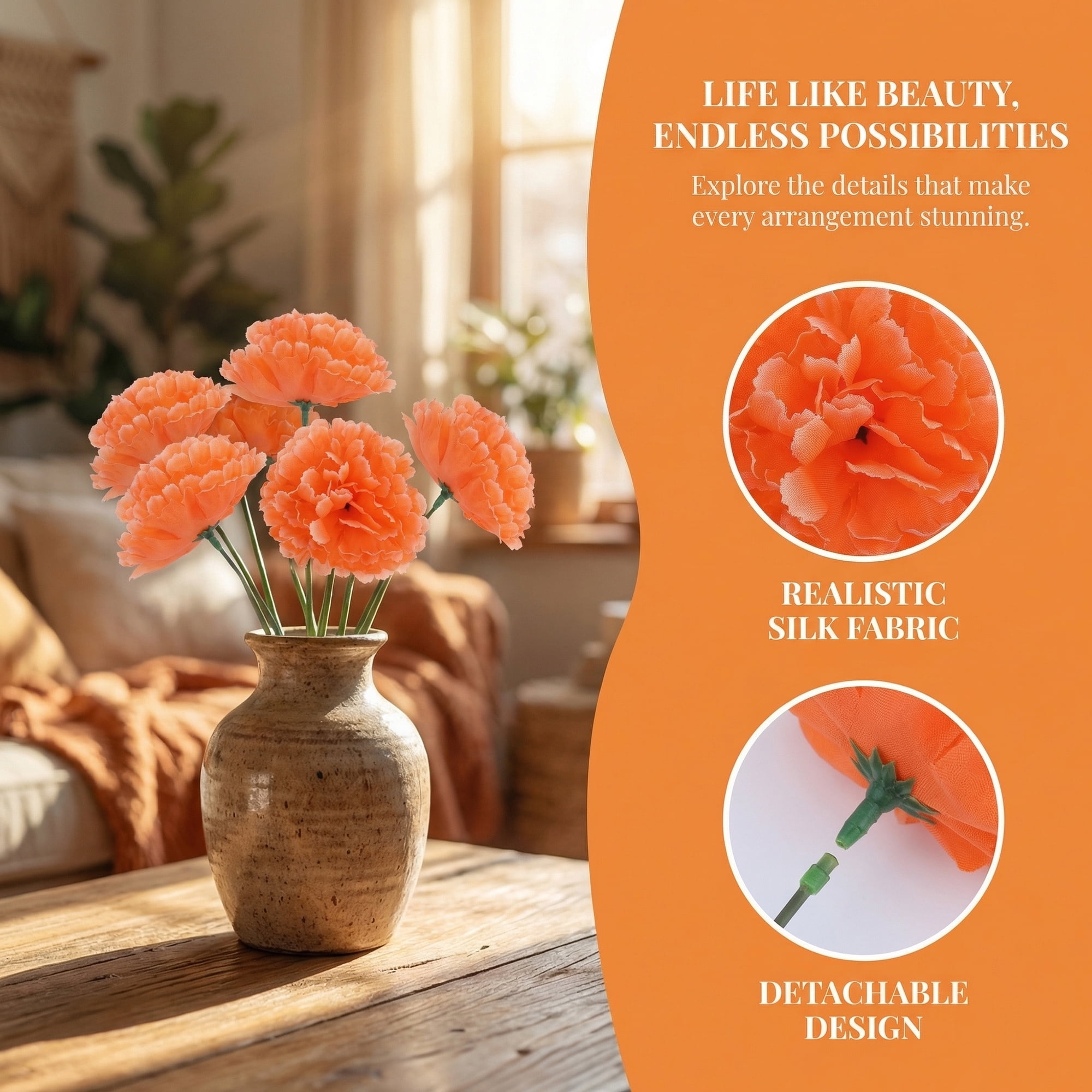 Unique Bargains Artificial Silk Carnation Bouquets with Detachable Heads Orange 5.9 in