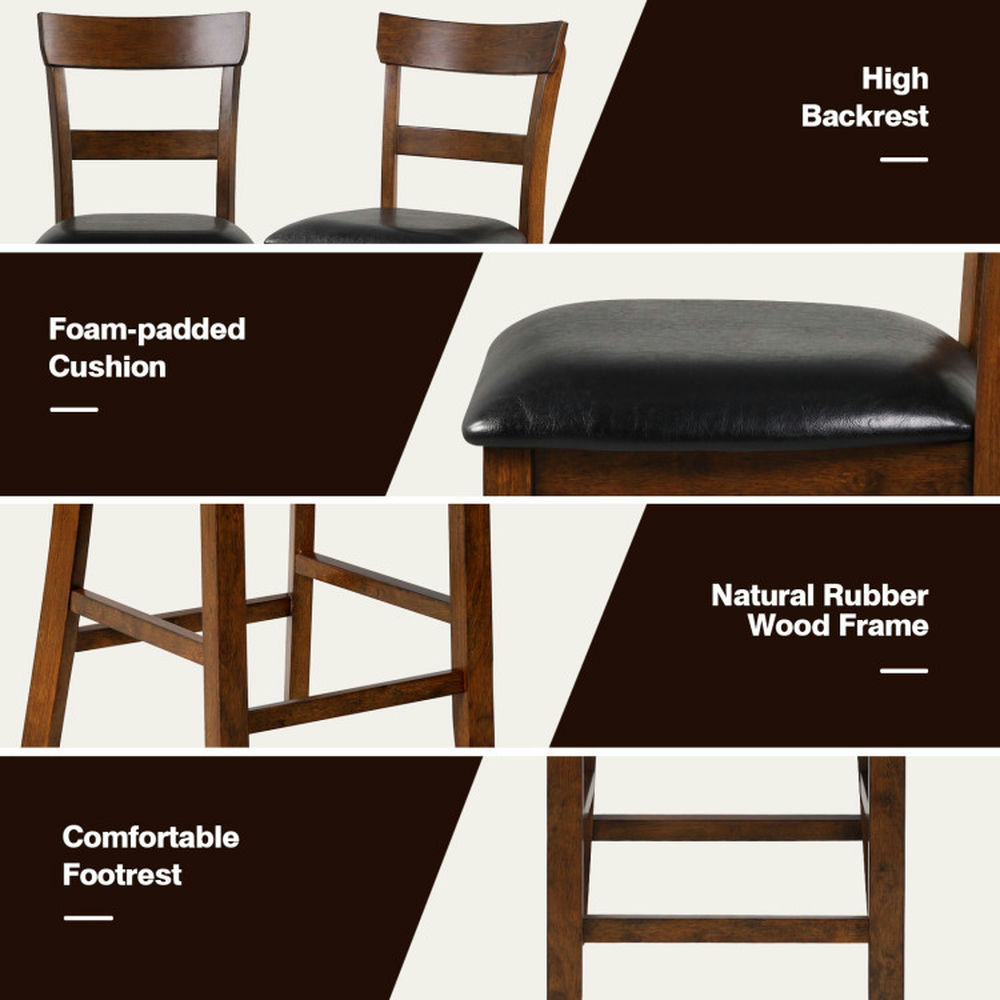 Demi Bonn 2 Pieces Counter Height Chair Set with Leather Seat and Rubber Wood Legs, Modern Bar Stools with Backrests, Black