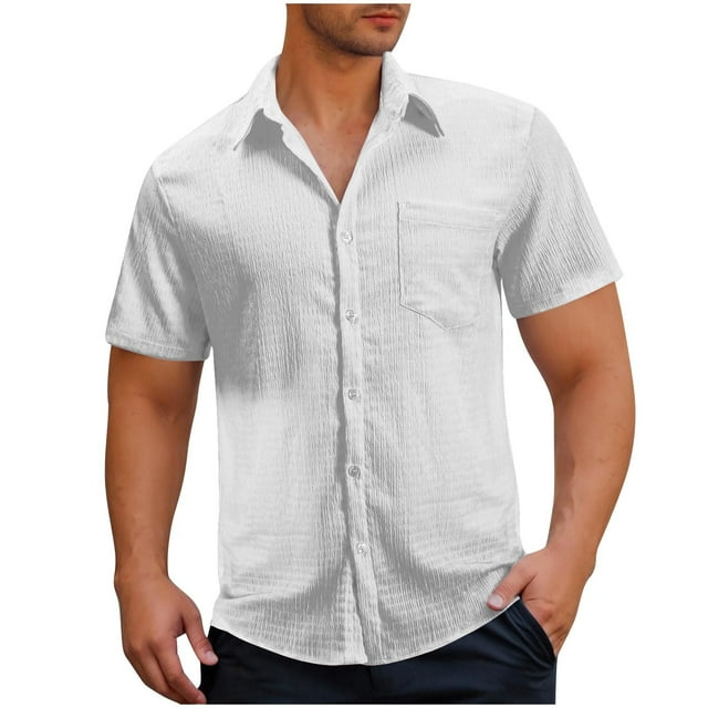 Men's Casual Button Down Shirts Short Sleeve Textured Beach Summer Vacation Shirt