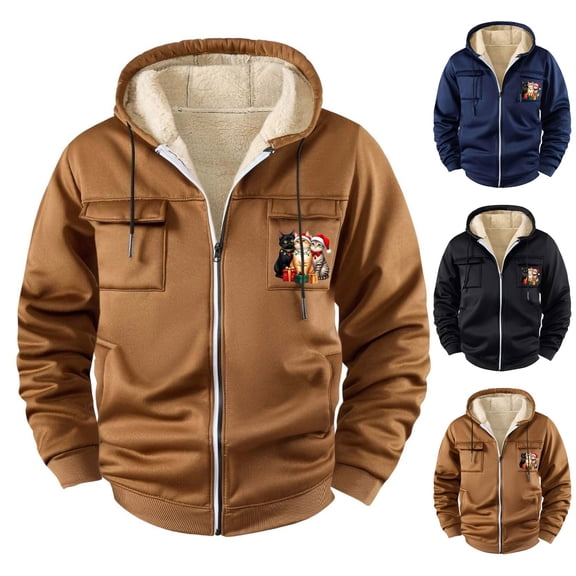 BiZtdJrK Black Mens Winter Warm Sherpa Fleece Lined Hoodie Cute Christmas Graphic Print Zip Up Hooded Sweatshirt Jacket Cargo Coats with Pockets L