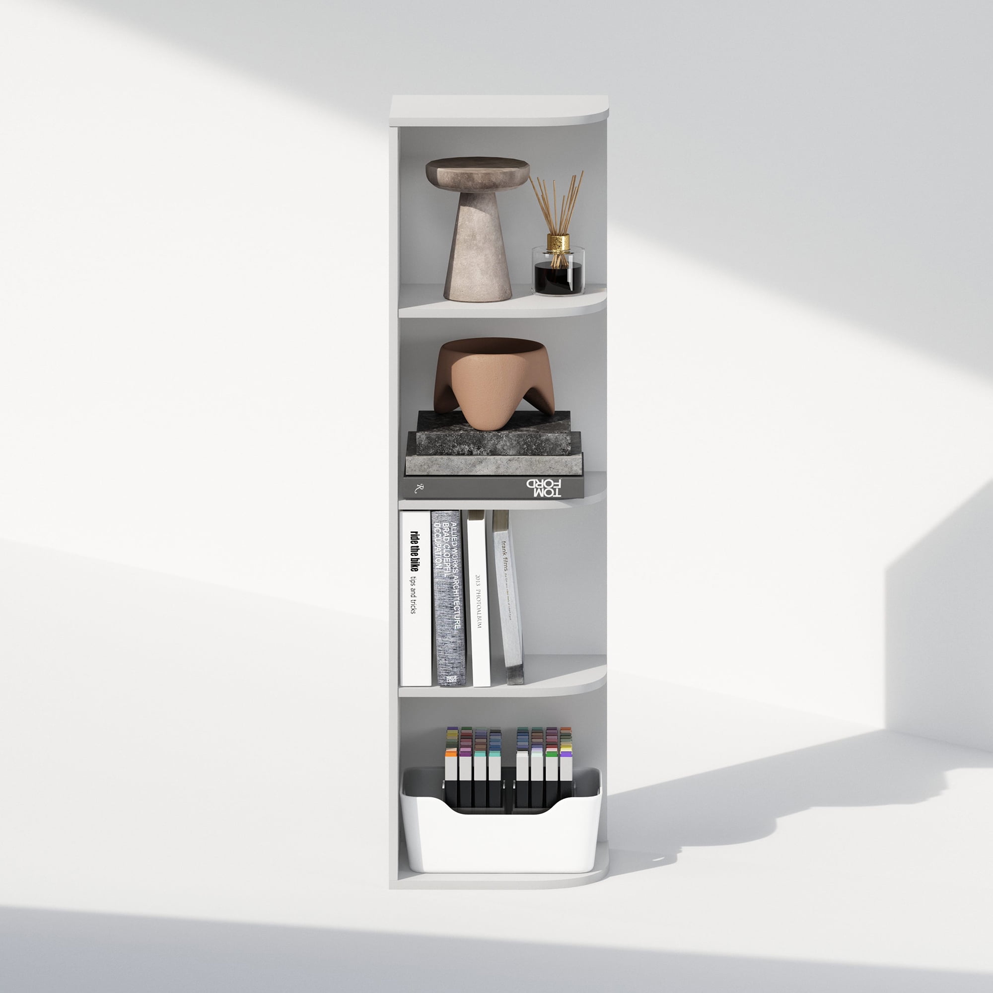 Furinno Reed 4-Tier Space Saving Corner Storage Display Shelf, Bookshelf, White