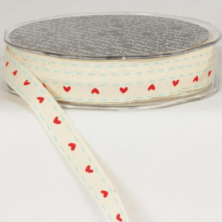 - Pack of 2 Heart Print Ivory White and Scarlet Red Woven Edge Ribbon .375 mm x 60 yards