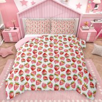 Homewish Sweet Strawberry Queen Comforter Set,Cute Cartoon Fruit Bedding Sets,Red White Bedding Comforter Set For Kids,Luxury Bedroom Decor Reversible,3pcs