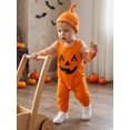 thumbnail image 5 of Cjfdfy Newborn Baby Boy Halloween Pumpkin Ghost Outfits My First Halloween Overalls Pants Striped Long Sleeve Romper And Hat Infant Cute My 1St Halloween Fall Winter Outfit, 5 of 9