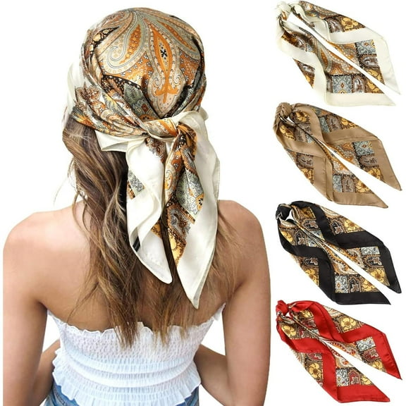 27 Inches Silk Feeling Square Head Scarf - 4 Pcs Satin Square Head Scarves for Women Hair Bandanas Headband