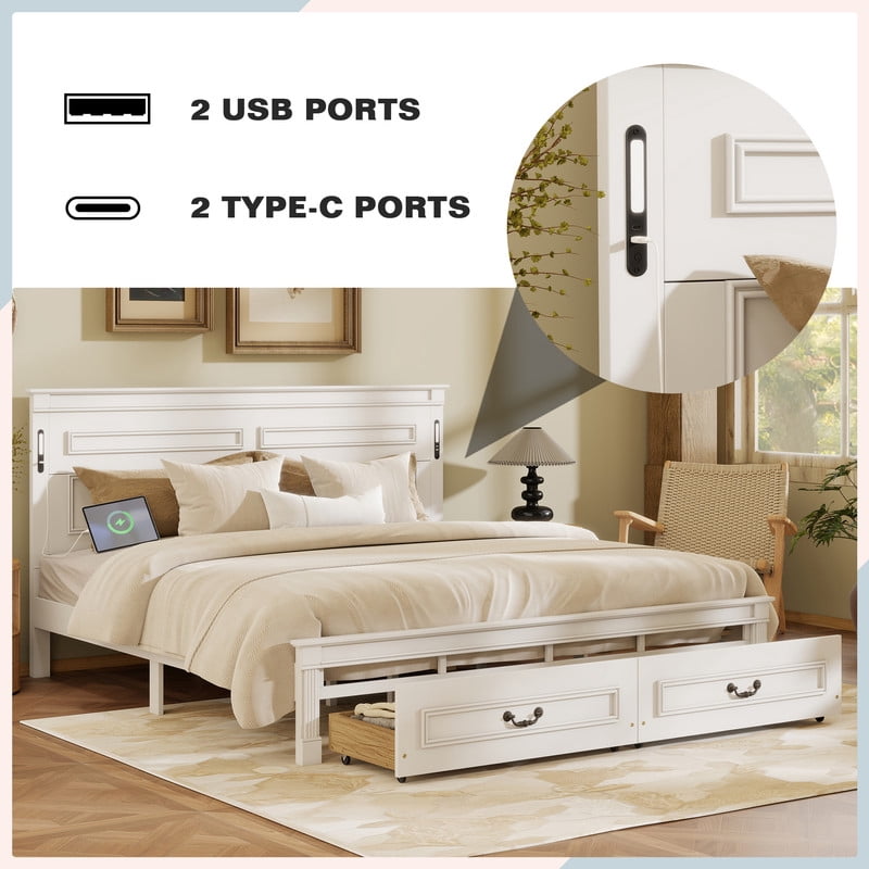 Mirightone King Bed Frame with 46" Tall Headboard, Farmhouse Solid Wood King Size Platform Bed with 2 Storage Drawers,LED Lights & USB Charging Station, White